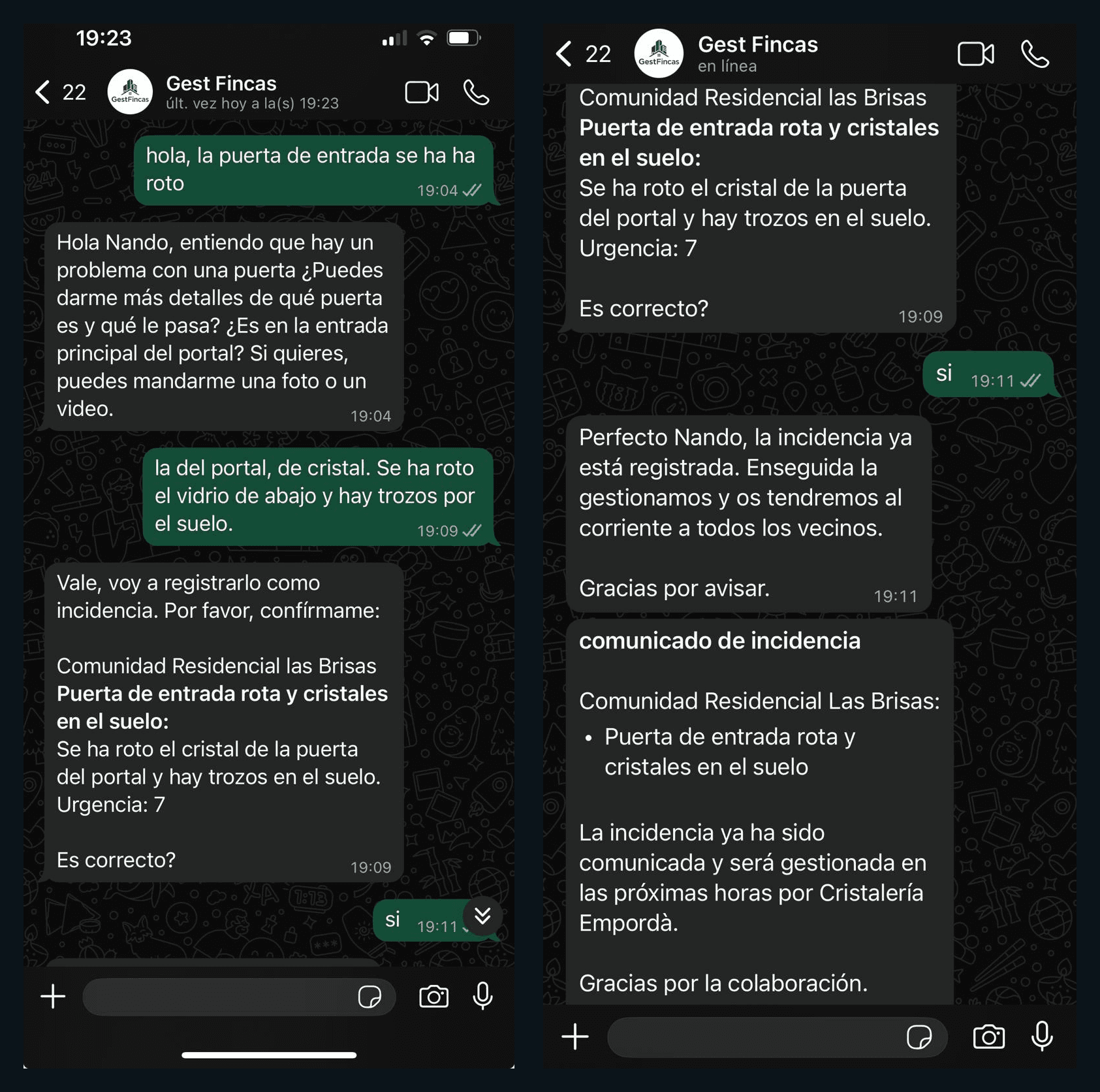 Un vecino reporta una avería por WhatsApp; el agente la estructura, confirma los datos y avisa de que un proveedor ya la gestiona.