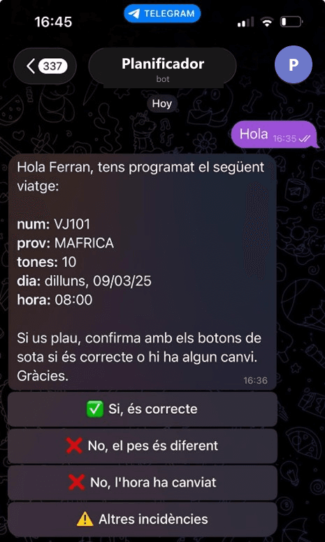 Conductores, planta, mecánicos y supervisores hablan con el sistema por Telegram: confirman o comunican cambios y el sistema recalcula la secuencia y avisa a los implicados.